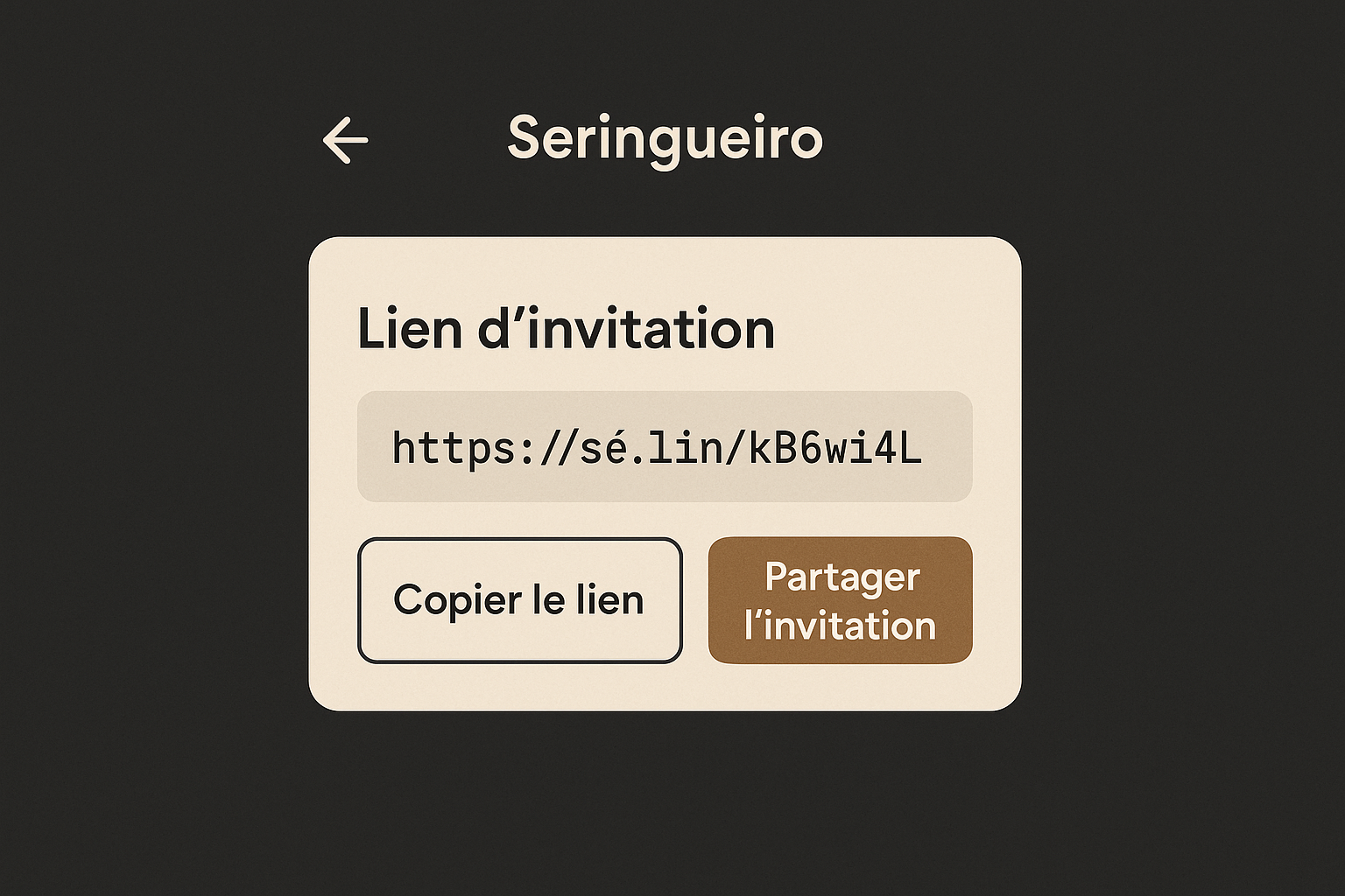 Réplica editorial du lien d’invitation généré dans l’app Seringueiro
