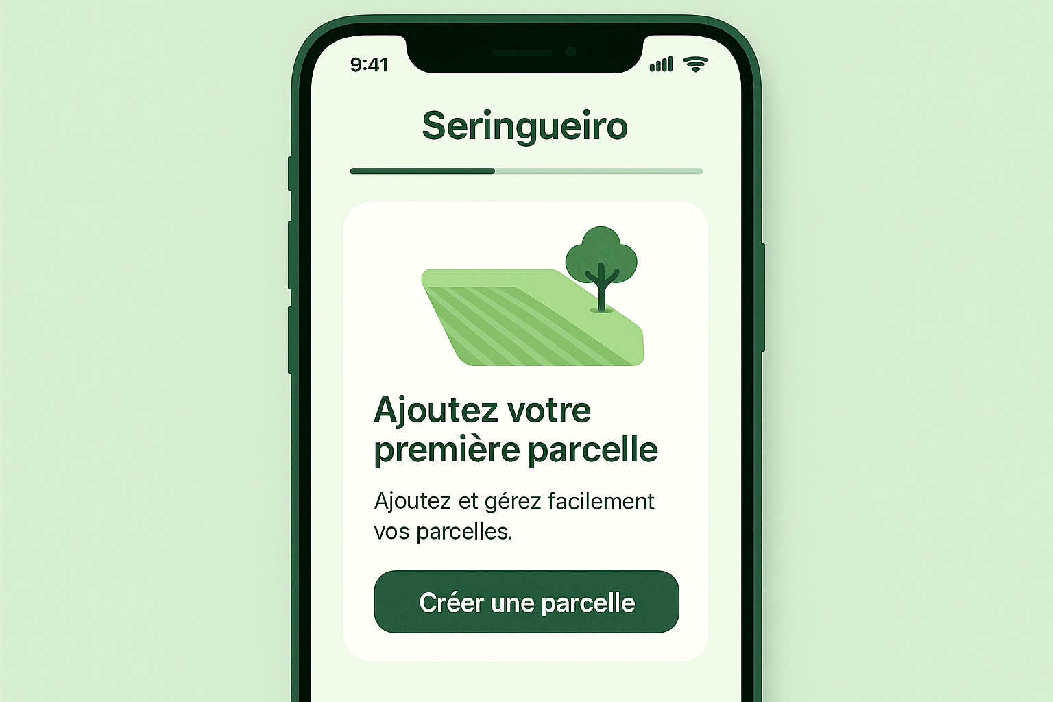 Réplica editorial de l’onboarding Seringueiro avec l’appel à créer la première parcelle