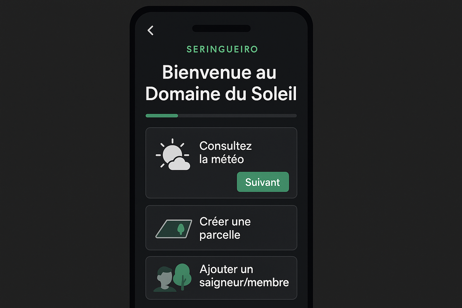 Réplica editorial de l’onglet d’onboarding d’une propriété dans l’app Seringueiro