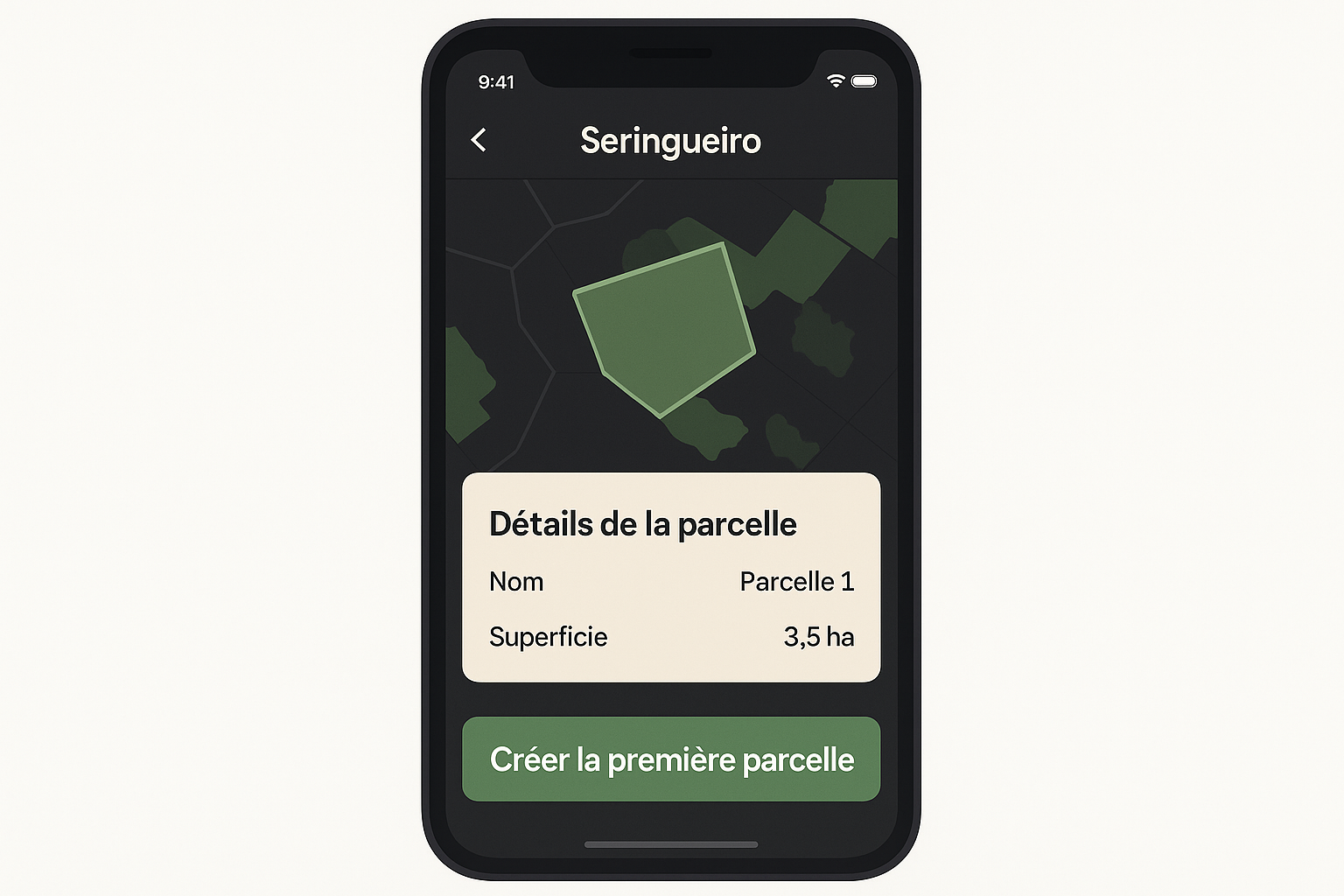 Réplica editorial de l’écran de création de la première parcelle dans l’app Seringueiro
