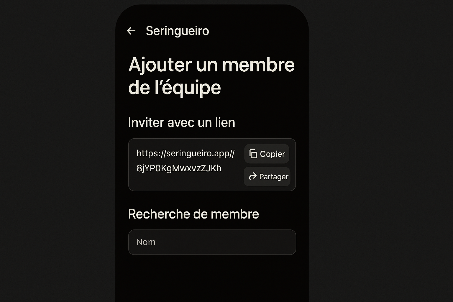 Réplica editorial de l’écran d’ajout de membre avec lien d’invitation dans l’app Seringueiro