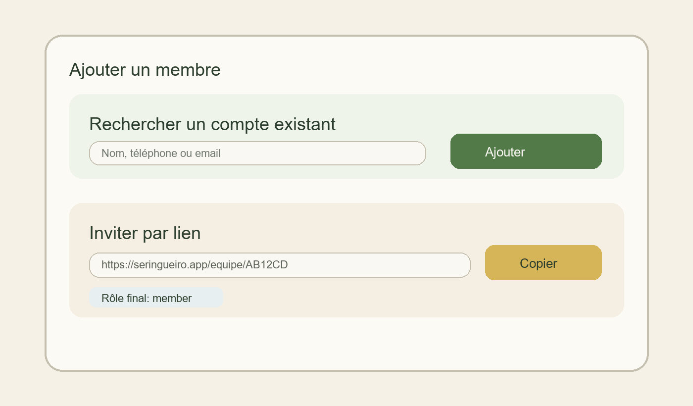 Réplica editoriale de l’écran d’ajout de membre dans l’app Seringueiro
