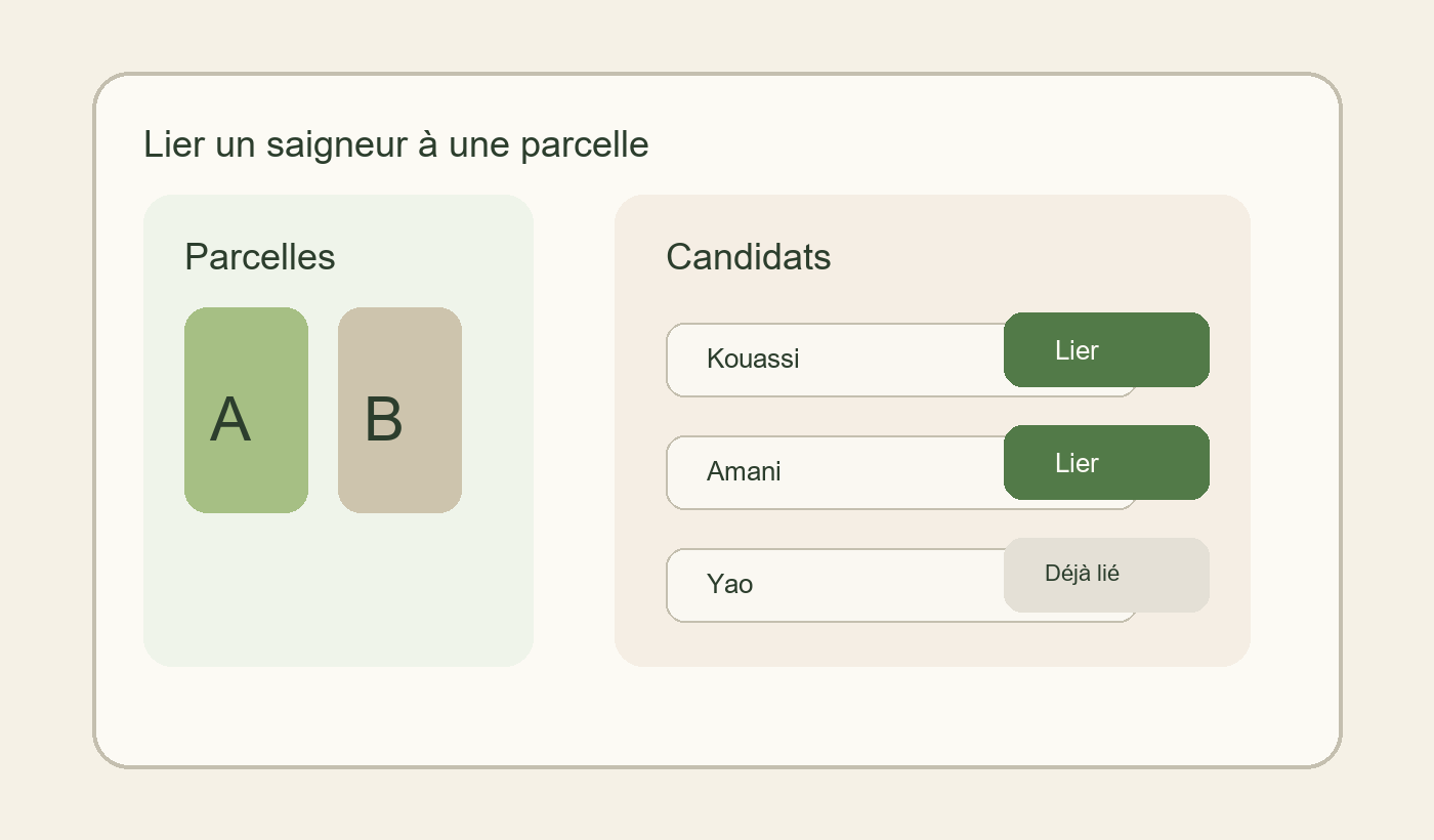 Réplica editoriale du flux pour lier un saigneur à une parcelle dans l’app Seringueiro
