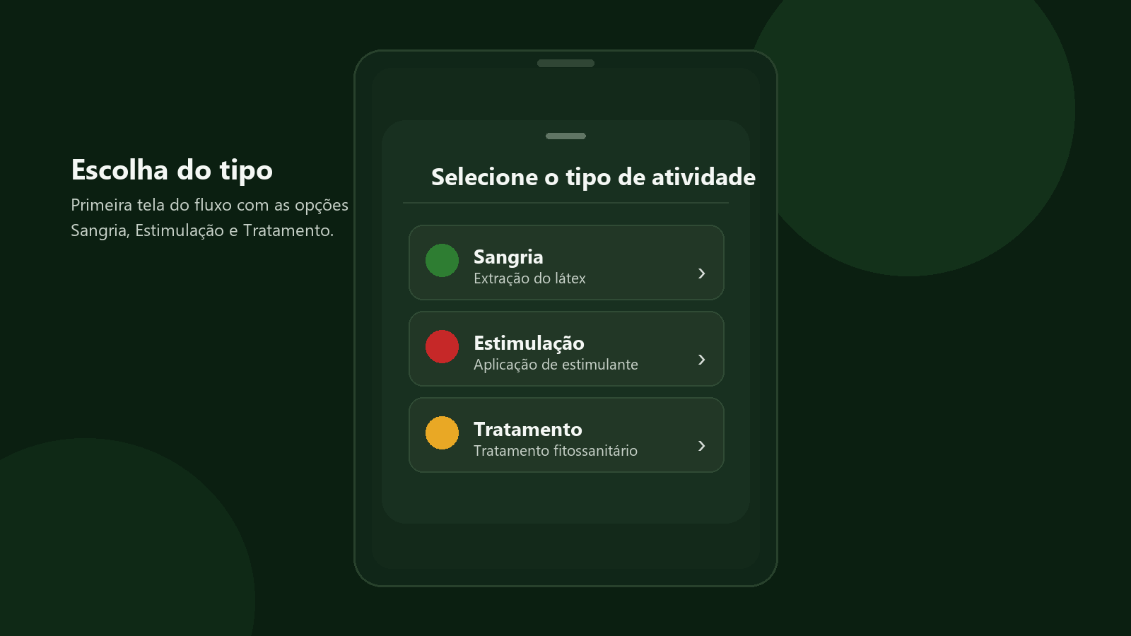 Réplica editorial da tela de seleção do tipo de atividade no app Seringueiro