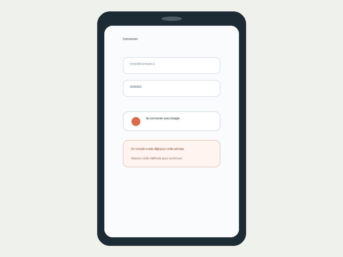 Réplica éditoriale de l’écran de connexion Seringueiro avec le bouton Se connecter avec Google et une alerte indiquant qu’un compte existe déjà