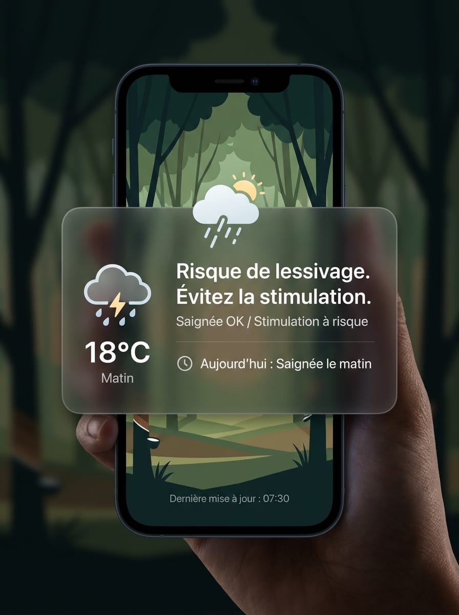 Réplica éditoriale de la carte météo de propriété dans Seringueiro affichant un statut mixte : saignée OK mais stimulation à risque