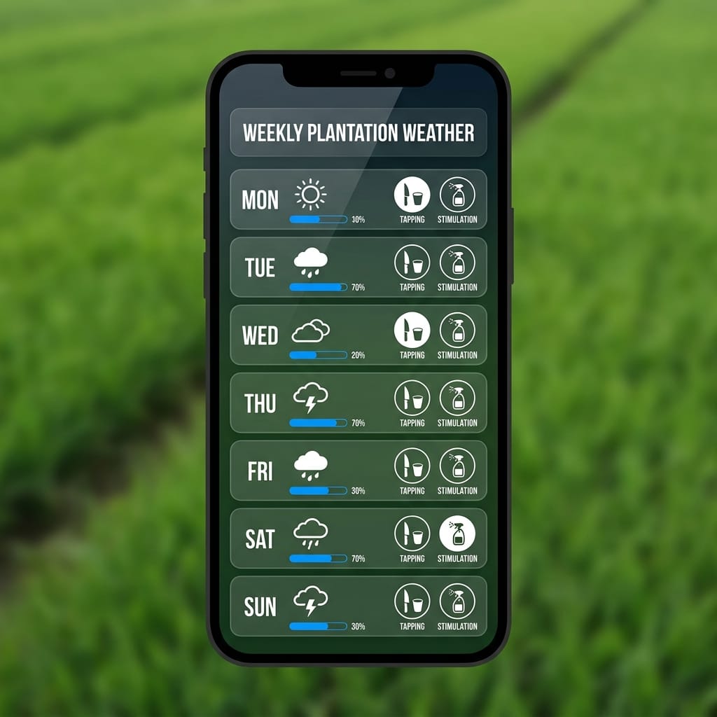 Réplica éditoriale d’un écran météo hebdomadaire dans Seringueiro avec sept jours, pluie prévue et indicateurs séparés pour saignée et stimulation
