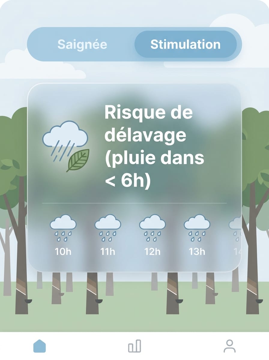 Réplica éditoriale de l’écran météo Seringueiro avec l’onglet Stimulation sélectionné et une raison de restriction liée au risque de délavage