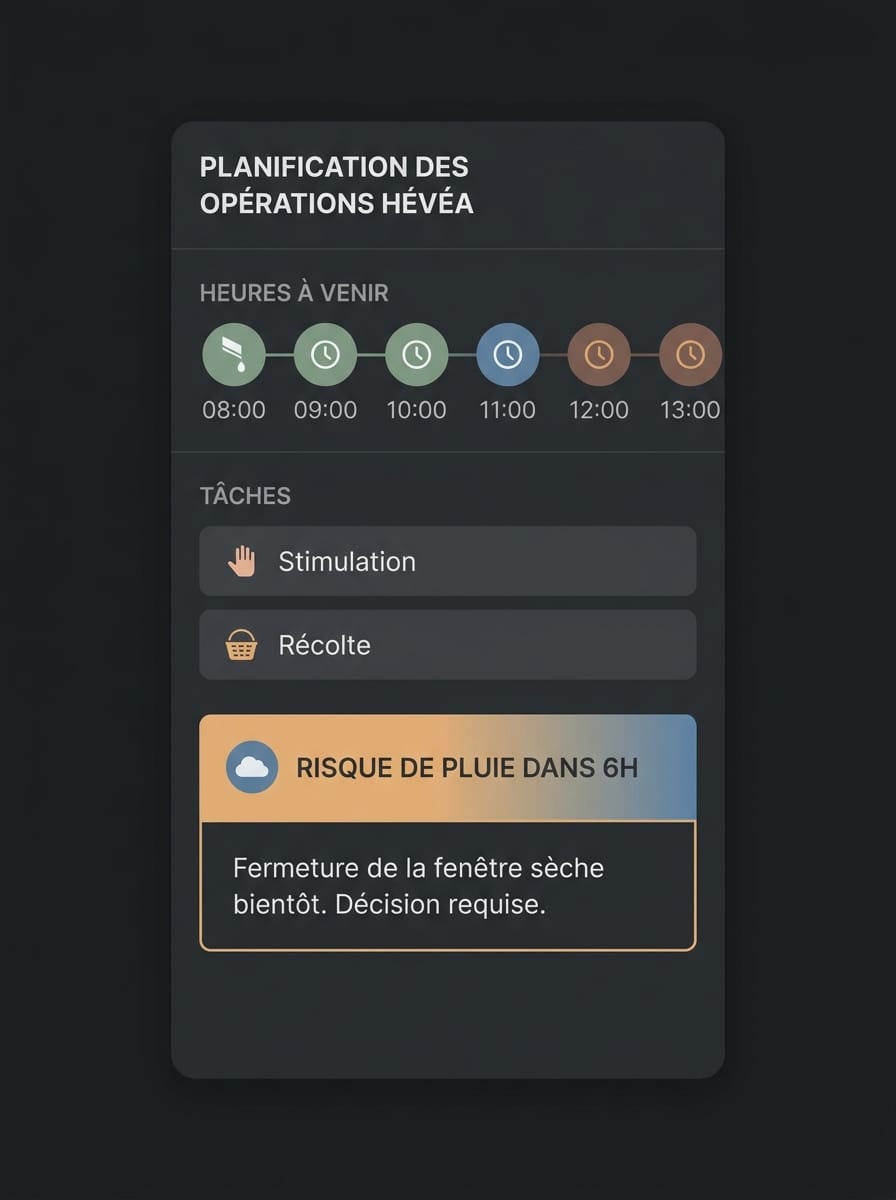Réplica éditoriale d’une vue horaire indiquant une fenêtre sèche qui se referme avant l’arrivée de la pluie dans les prochaines heures